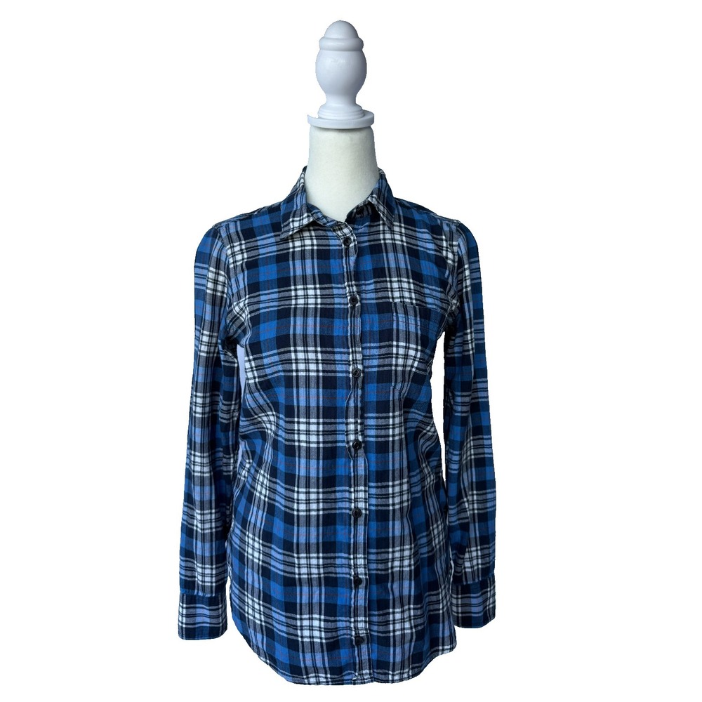 J Crew Boy Fit Button Up Womens Blue Plaid Long Sleeve Lumberjack Flannel Size 0